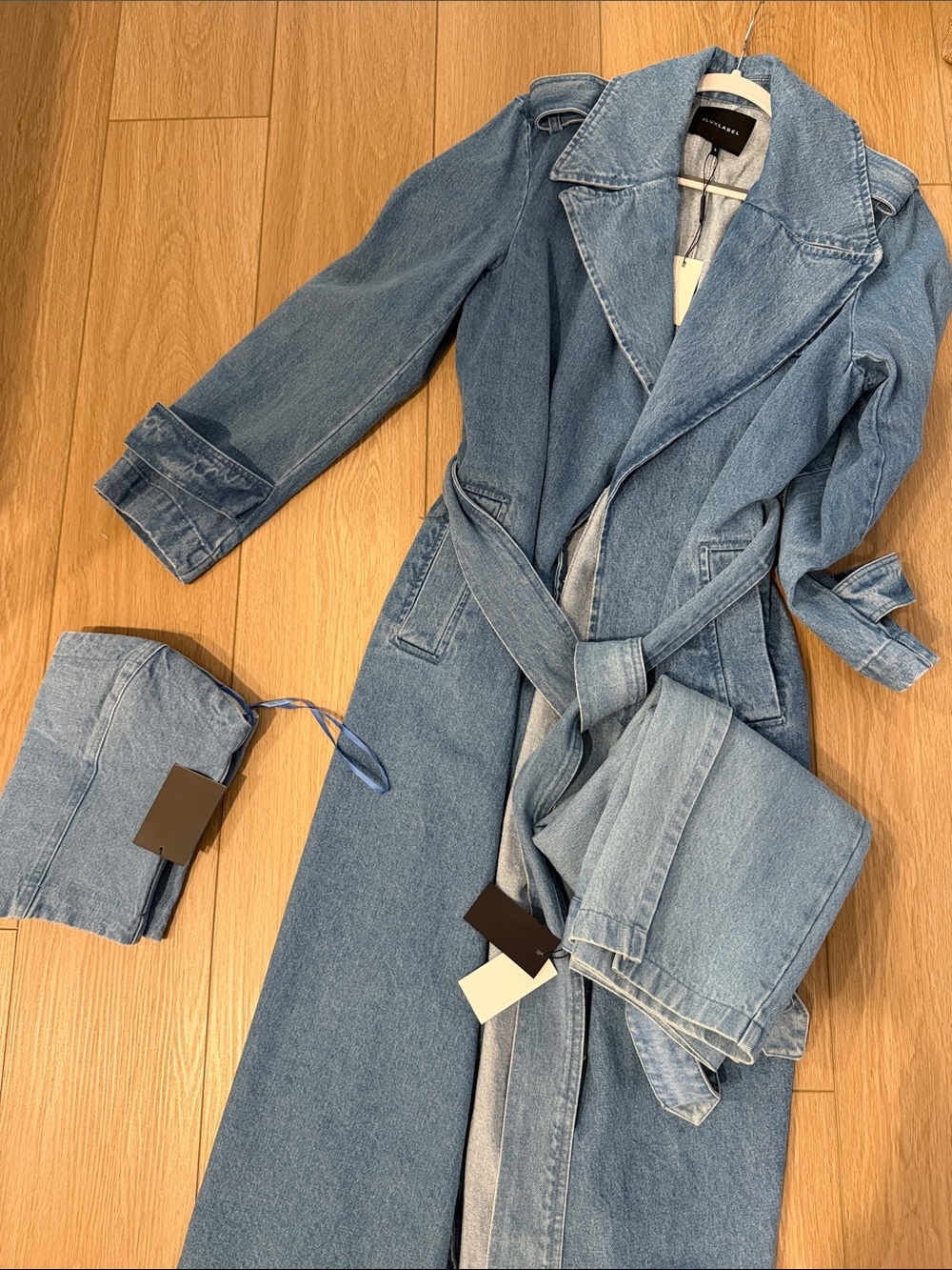 JLUXLABEL Light Blue Denim Wrap Midi Skirt/ trench coat and corset Size small